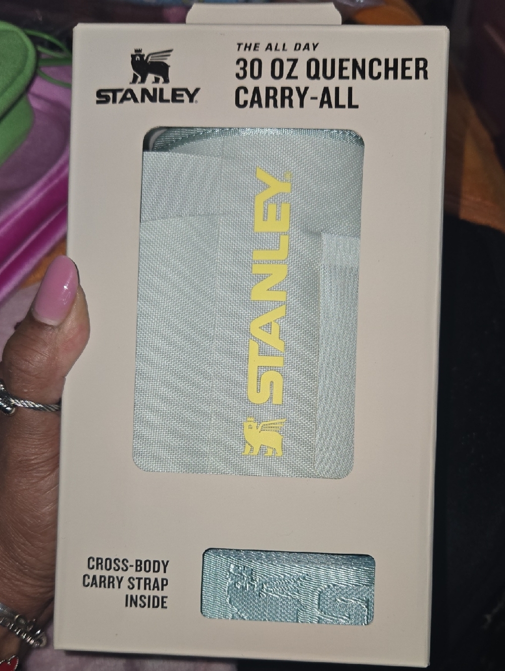 Stanley light teal carry-all with yellow logo